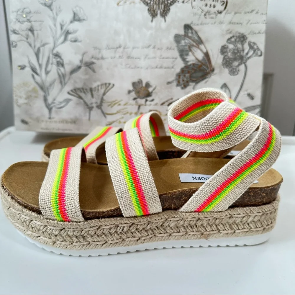 Steve Madden Women's Kimmie Flat Wedge Sandal Size 8 Bright Multi Color Straps